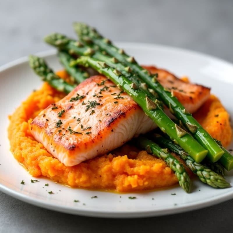 Seared Salmon with Roasted Asparagus and Sweet Potato Mash
