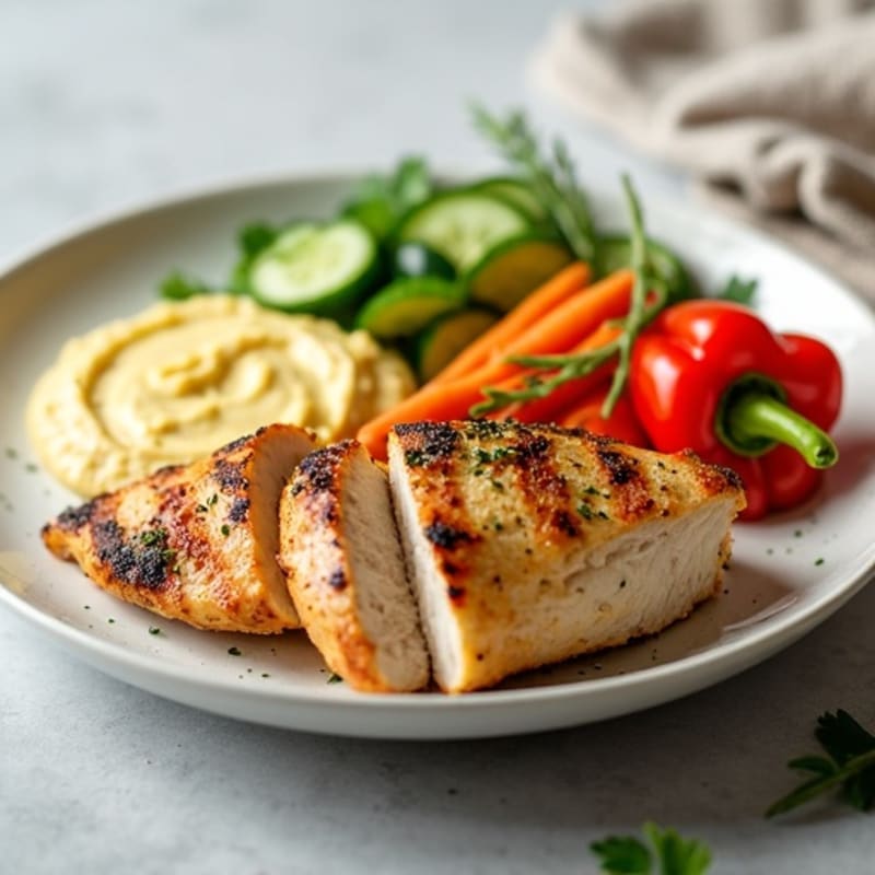 Creamy Lemon-Herb Hummus with Fresh Crispy Vegetables and Grilled Chicken