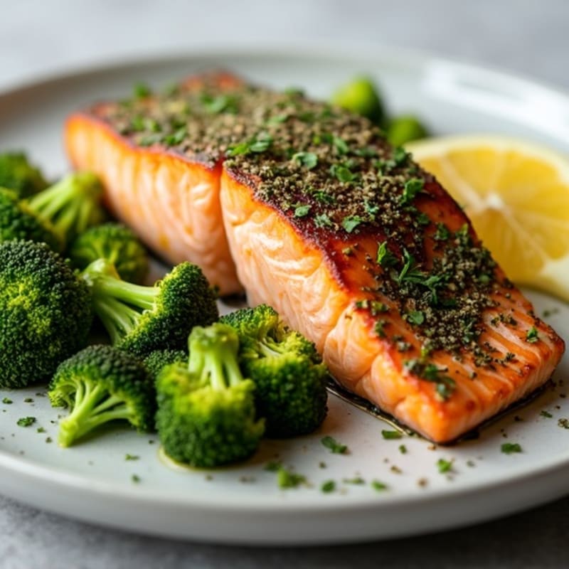 Herb-Crusted Pan Seared Salmon with Roasted Broccoli