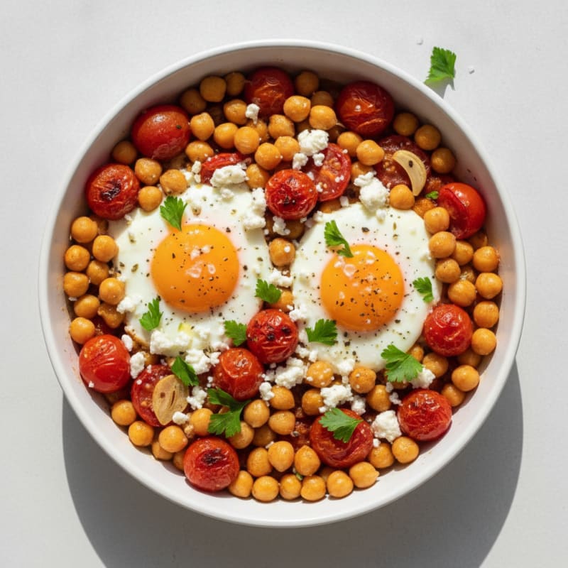 Mediterranean Baked Eggs with Roasted Tomatoes and Chickpeas