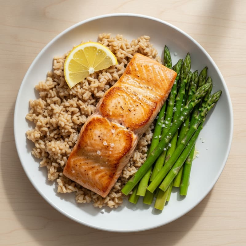 Seared Salmon with Steamed Asparagus and Brown Rice