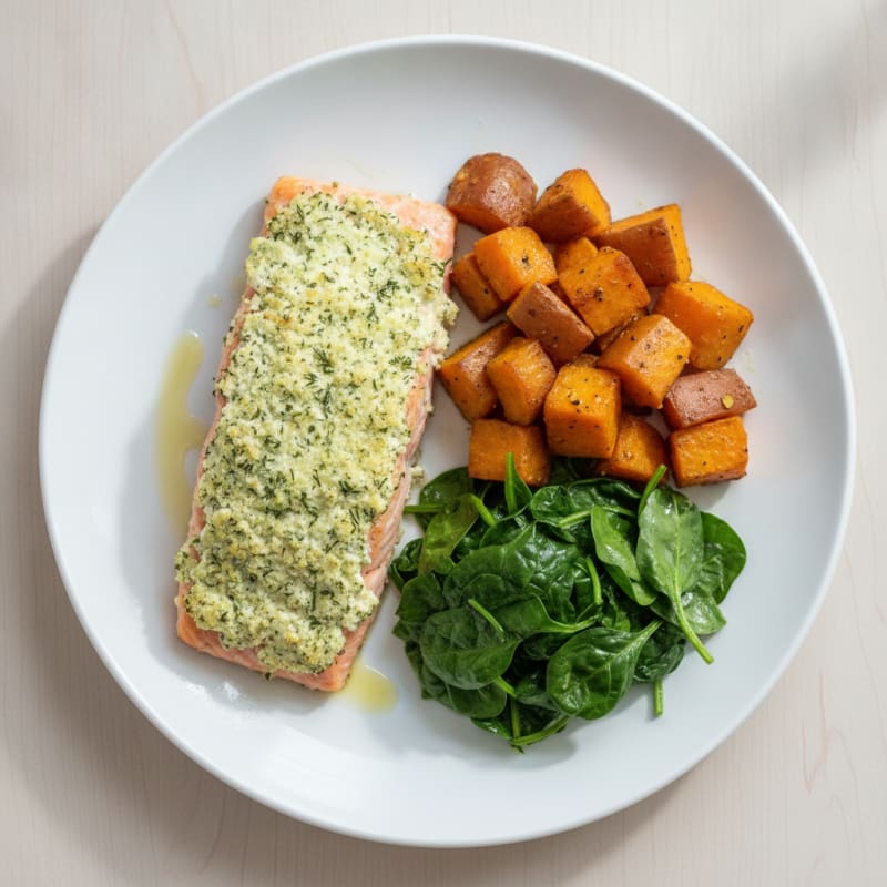 Herb-Crusted Salmon with Roasted Sweet Potatoes