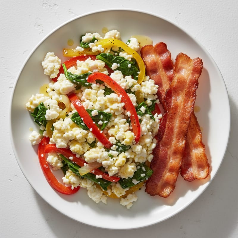 Egg White Veggie Scramble with Cottage Cheese and Turkey Bacon