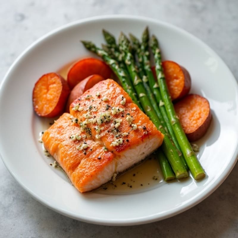 Seared Salmon with Roasted Sweet Potatoes and Asparagus
