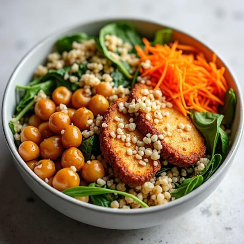 Crispy Tempeh Buddha Bowl with Quinoa and Roasted Chickpeas