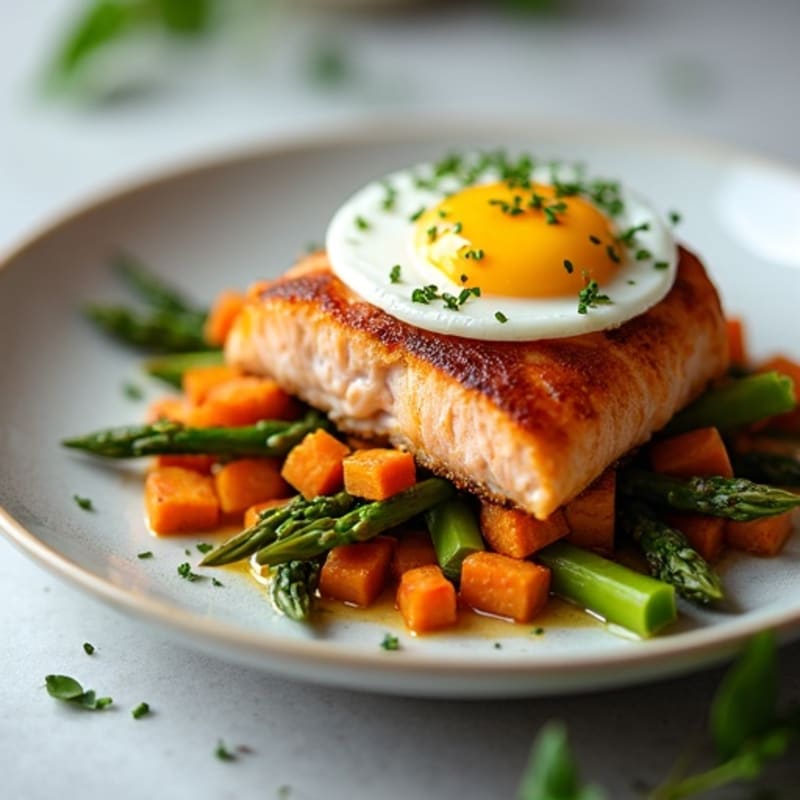 Seared Salmon with Roasted Sweet Potatoes, Asparagus & Poached Egg on Protein Bread