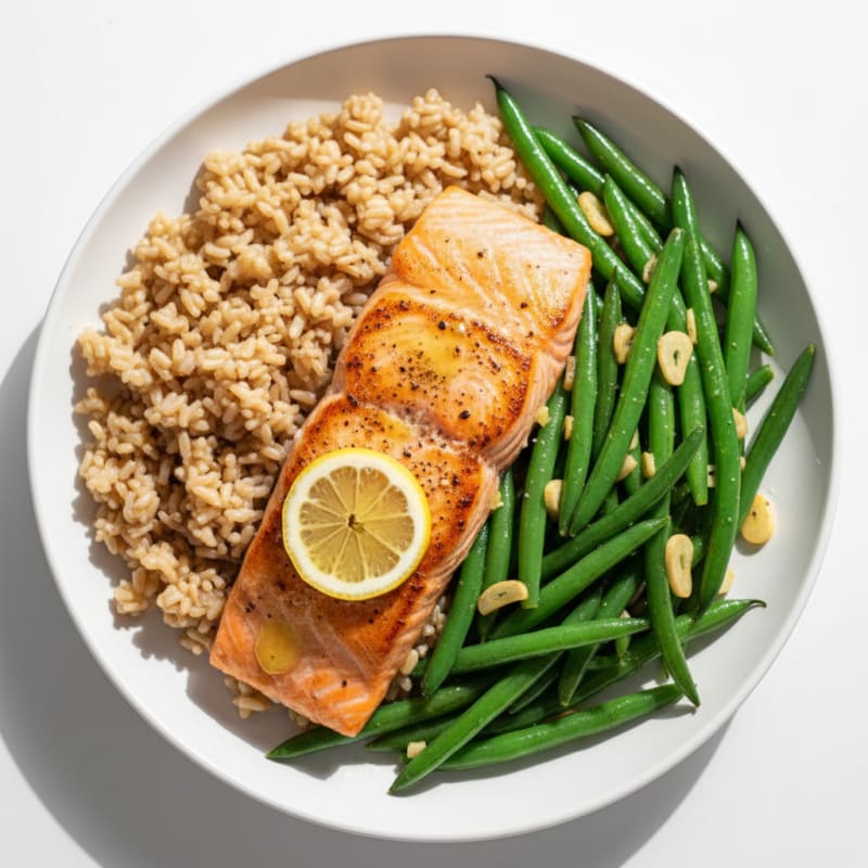 Seared Salmon with Garlic Green Beans and Brown Rice