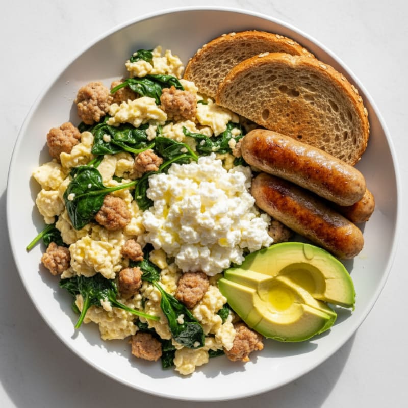 Egg White and Turkey Sausage Scramble with Cottage Cheese and Spinach