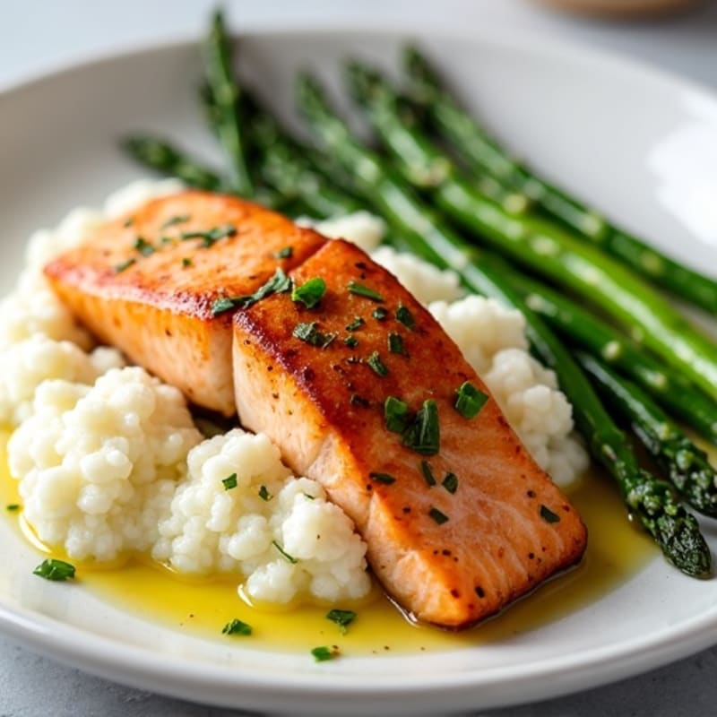 Seared Salmon with Roasted Asparagus and Cauliflower Mash