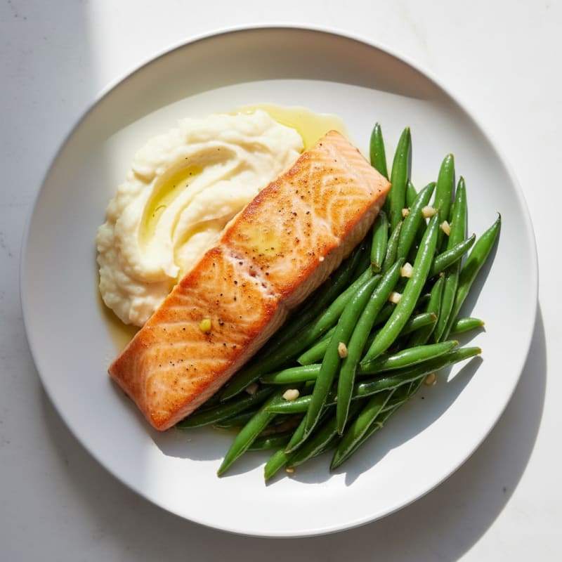 Seared Salmon Fillet with Garlic Green Beans and Mashed Cauliflower