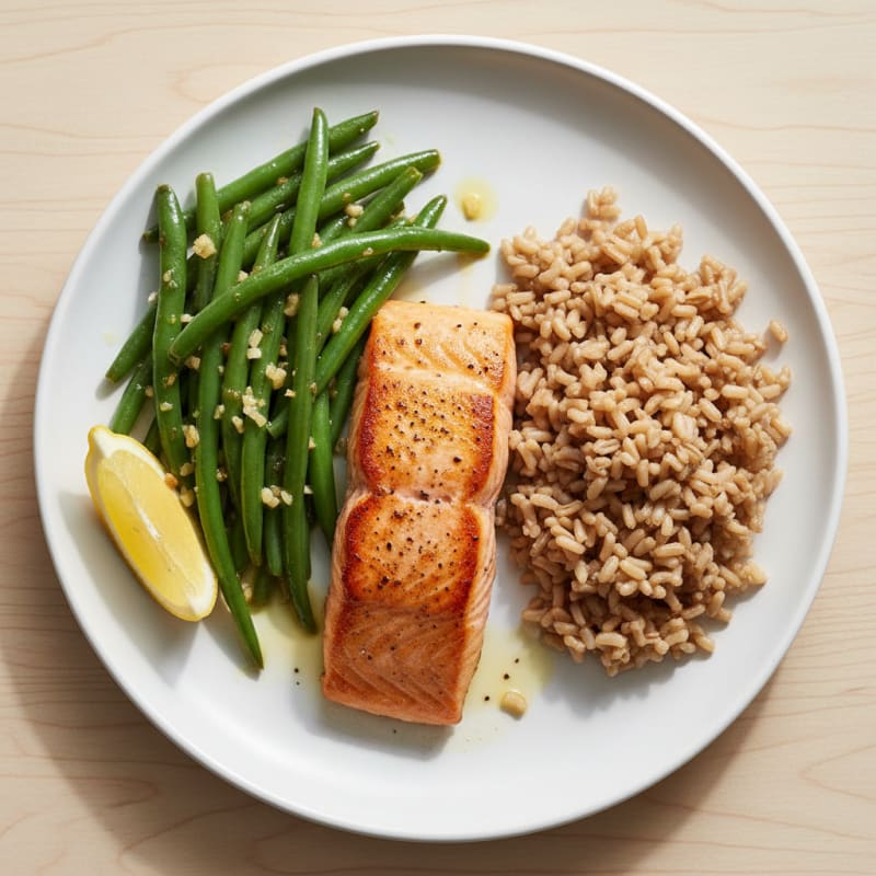 Seared Salmon with Garlic Green Beans and Brown Rice