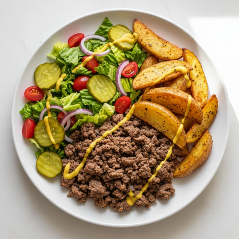 Lean Beef Hamburger Bowl with Roasted Garlic Potato Wedges