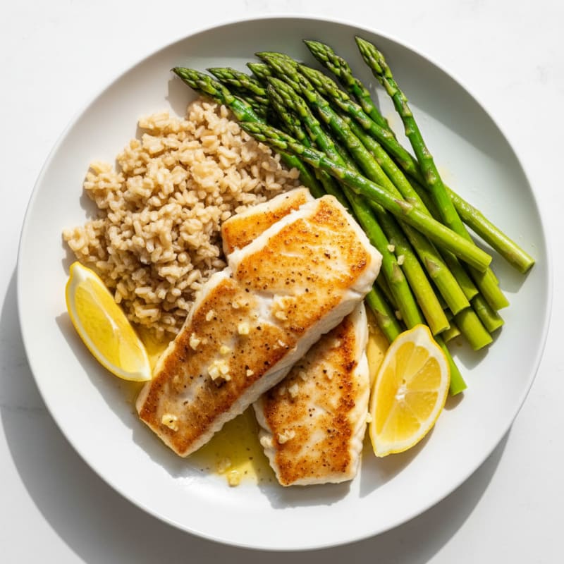 Pan-Seared Cod with Steamed Asparagus and Brown Rice