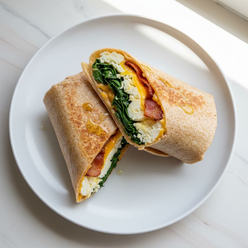 Crispy Turkey Bacon and Egg White Wrap with Spinach and Cheddar