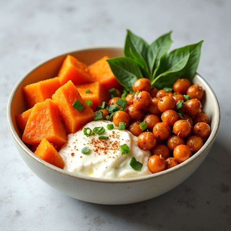 Savory Cottage Cheese Power Bowl with Roasted Sweet Potatoes and Crispy Chickpeas