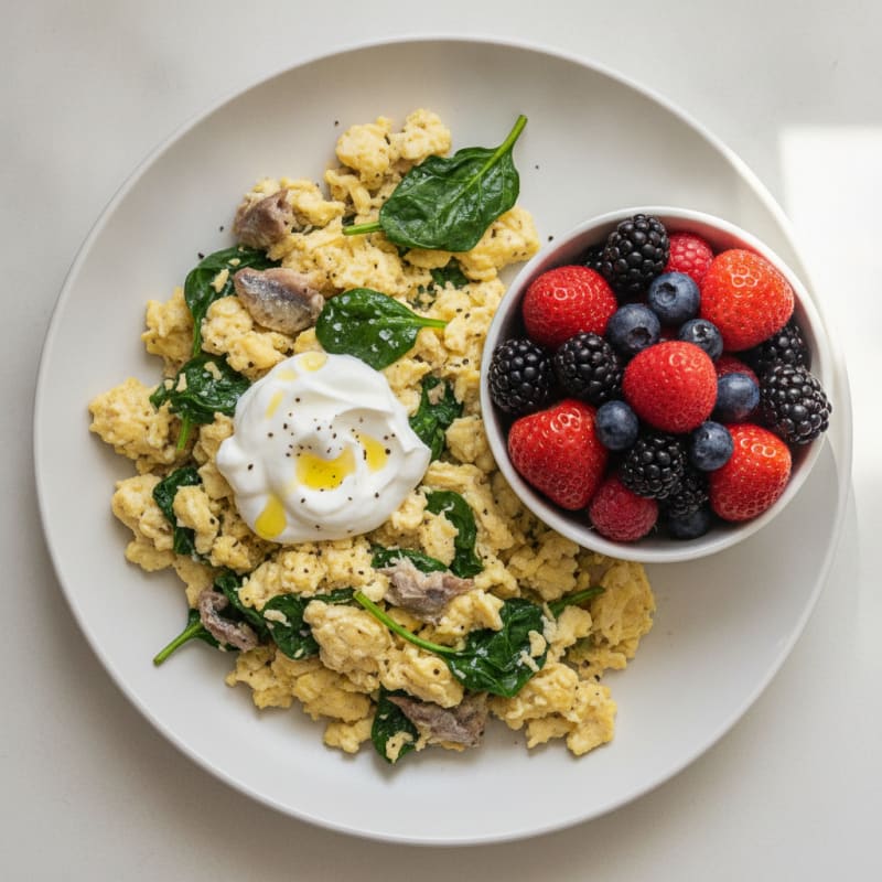 Sardine and Spinach Scramble with Fresh Fruit