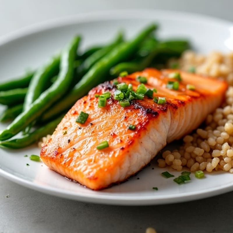 Seared Salmon Fillet with Steamed Green Beans and Brown Rice