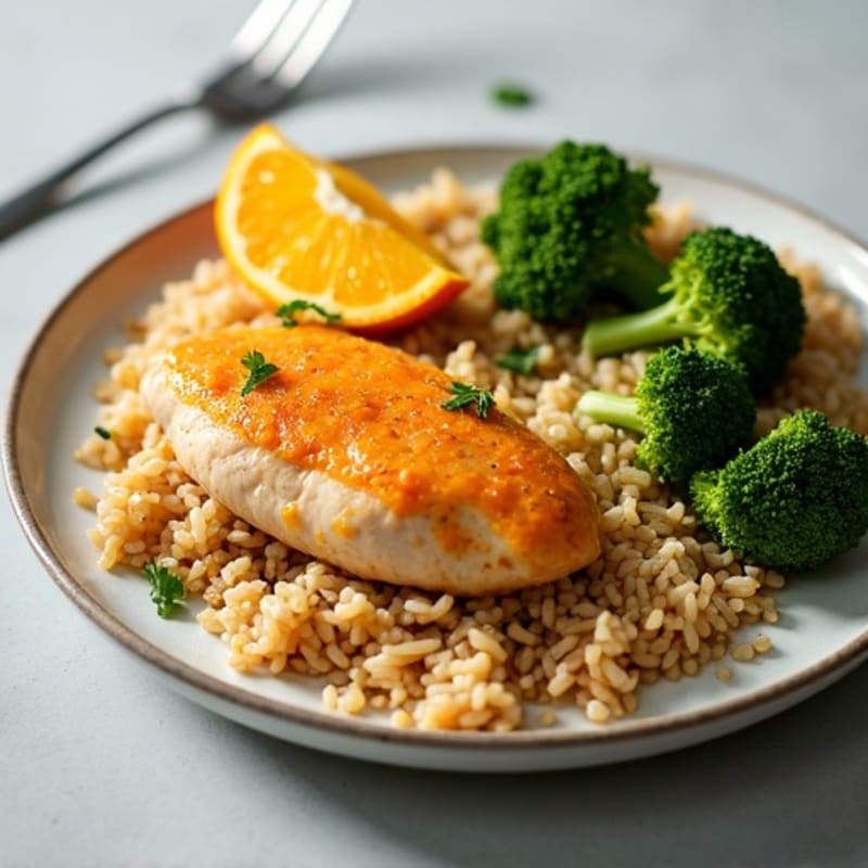 Baked Orange-Glazed Chicken with Brown Rice and Roasted Broccoli