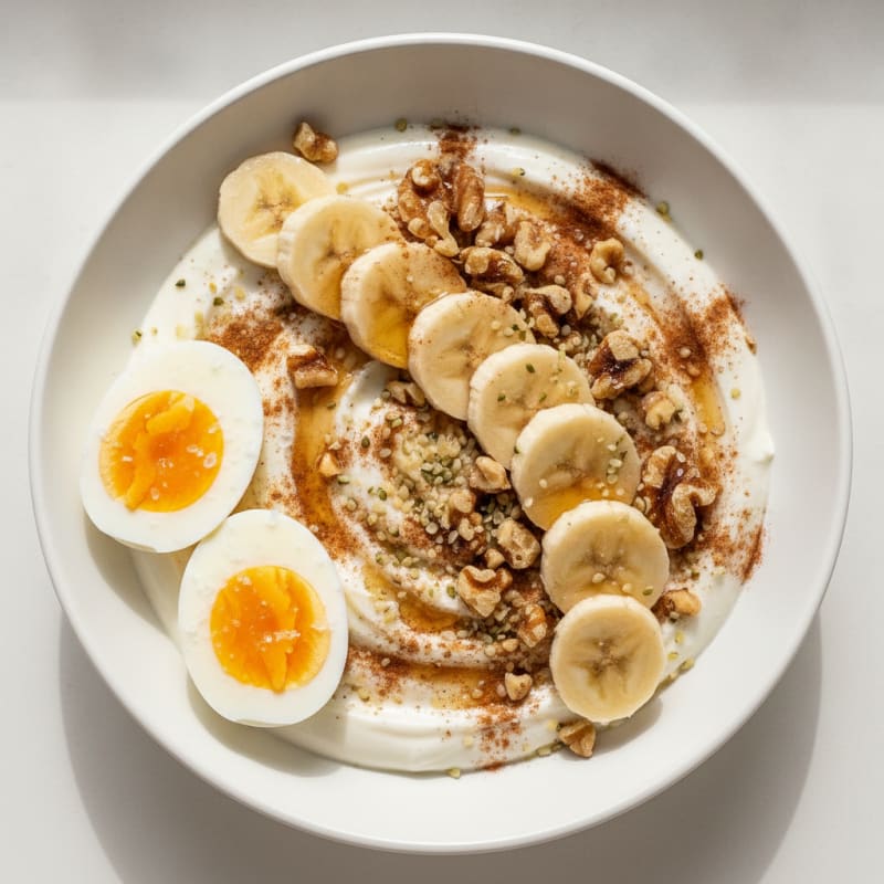 Cinnamon-Spiced Banana Yogurt Bowl with Hard-Boiled Eggs