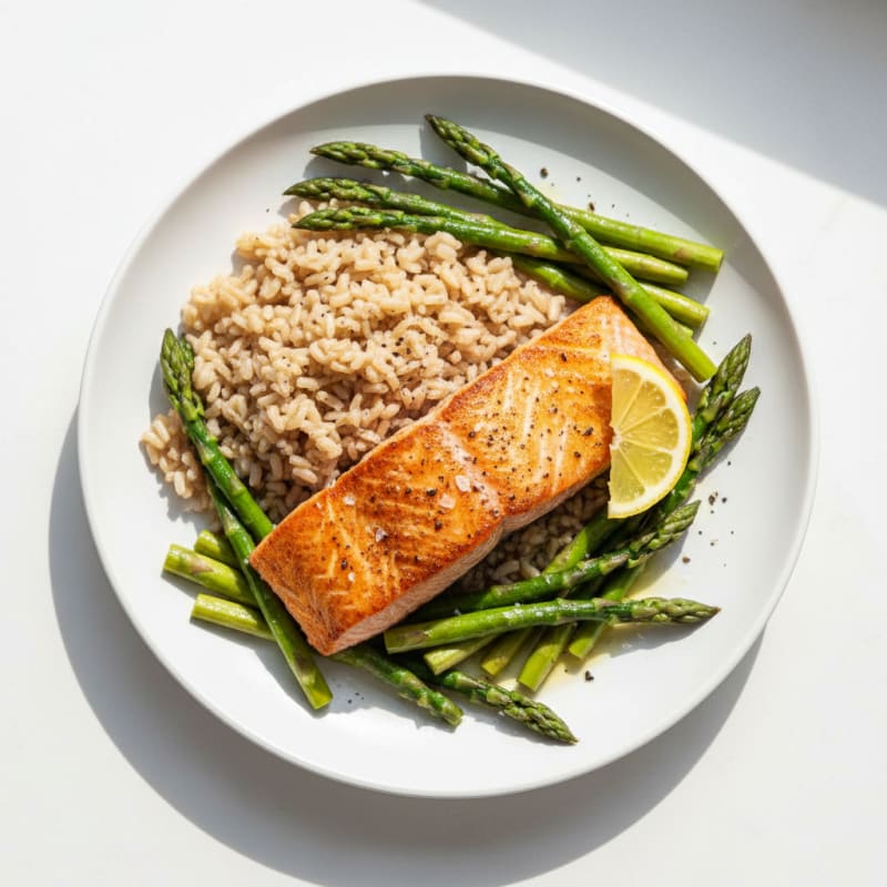 Seared Salmon with Steamed Asparagus and Brown Rice