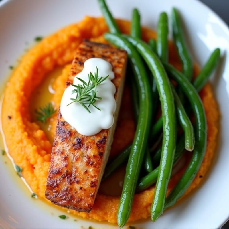 Seared Salmon with Garlic Green Beans and Sweet Potato Mash
