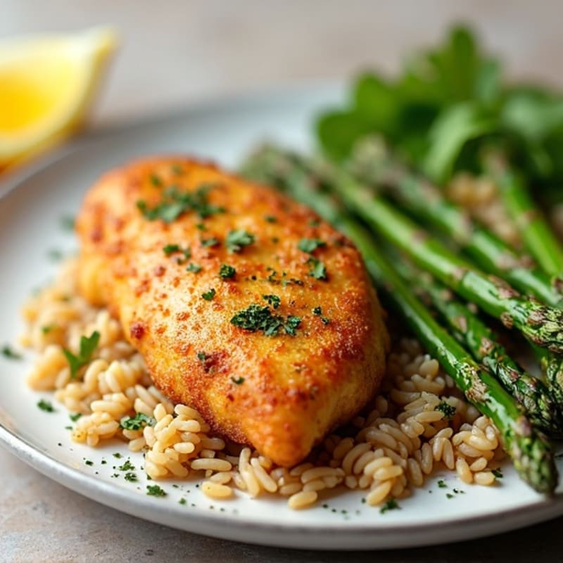 Crispy Lemon Herb Chicken with Roasted Asparagus and Brown Rice