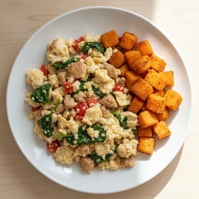 Egg White Scramble with Turkey Sausage and Roasted Sweet Potato