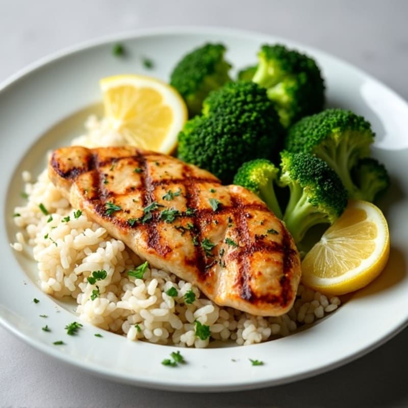 Grilled Chicken Breast with Herbed Rice and Steamed Broccoli
