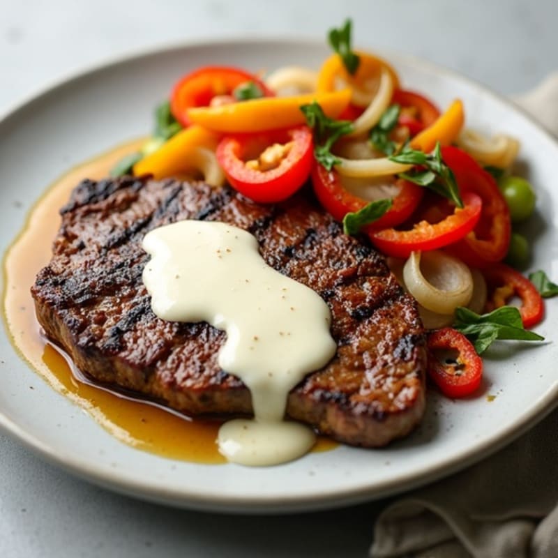 Lean Skillet Steak with Sautéed Bell Peppers, Onions, and Creamy Cheese Sauce