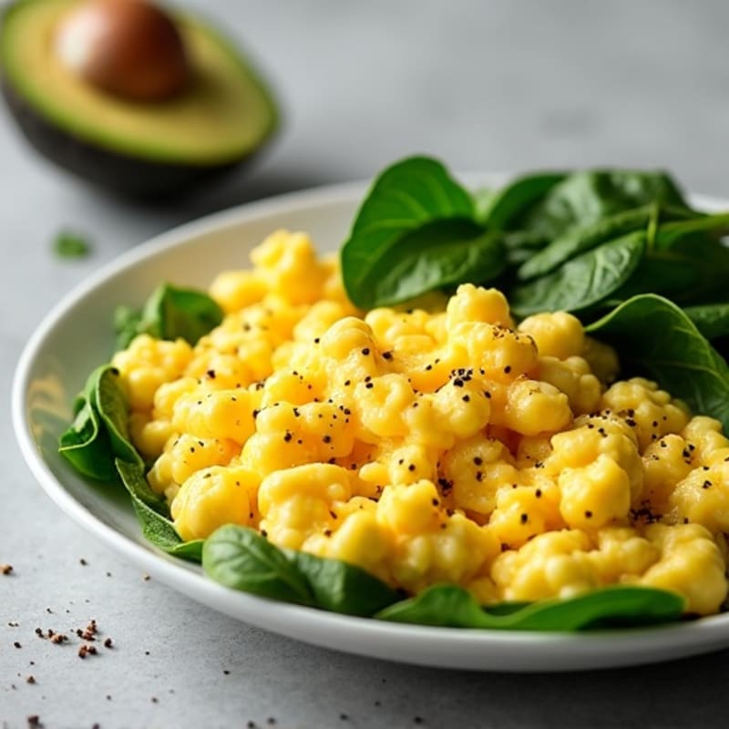Fluffy Scrambled Eggs with Fresh Spinach and Creamy Avocado