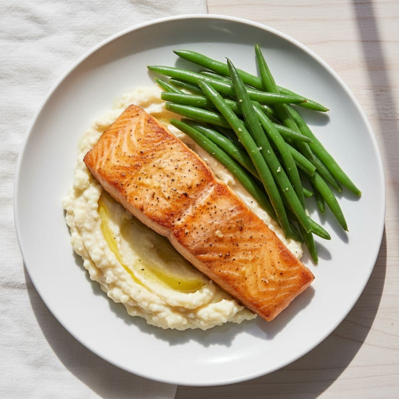 Seared Salmon Fillet with Steamed Green Beans and Cauliflower Mash