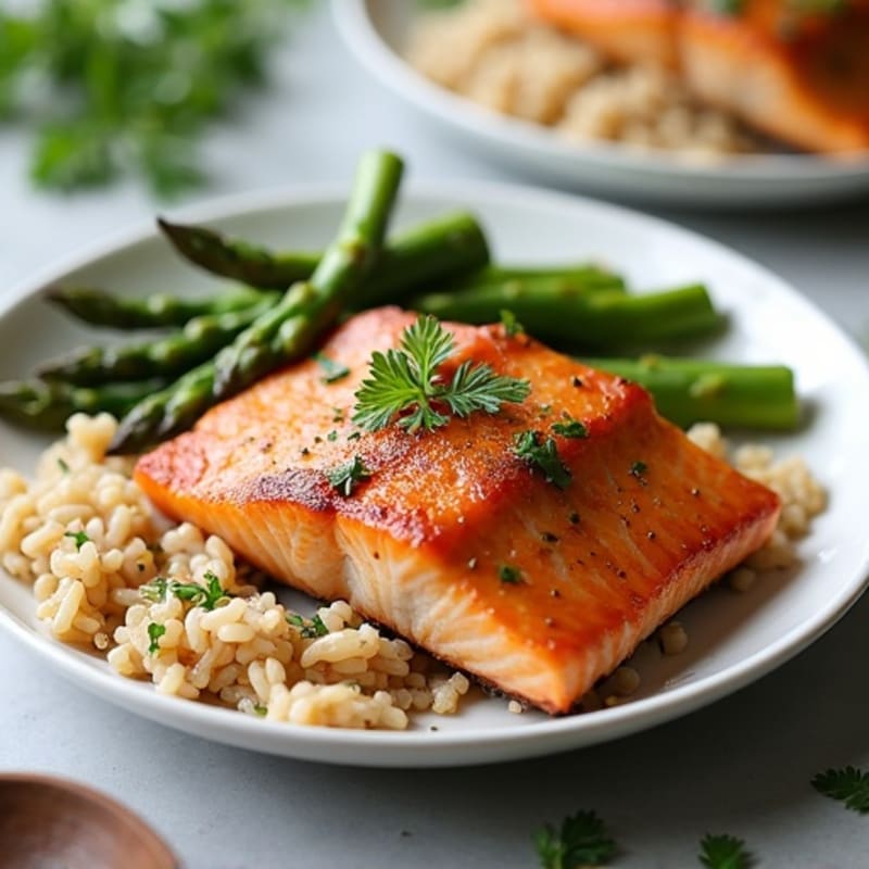 Seared Salmon with Steamed Asparagus and Brown Rice