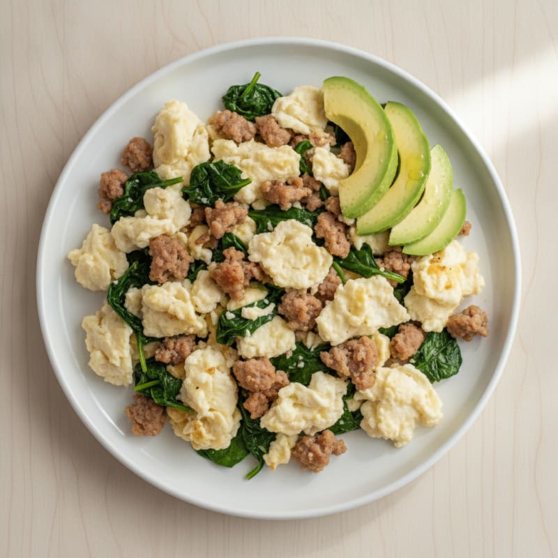 Egg White and Turkey Sausage Scramble with Sautéed Spinach