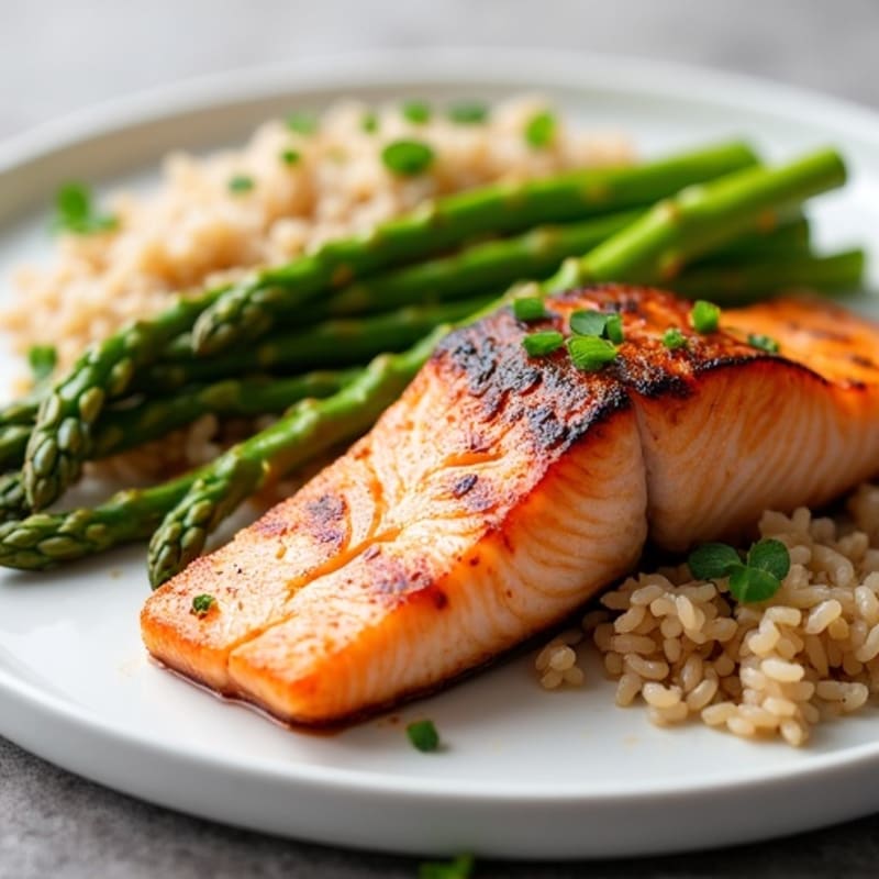 Seared Salmon with Steamed Asparagus and Brown Rice