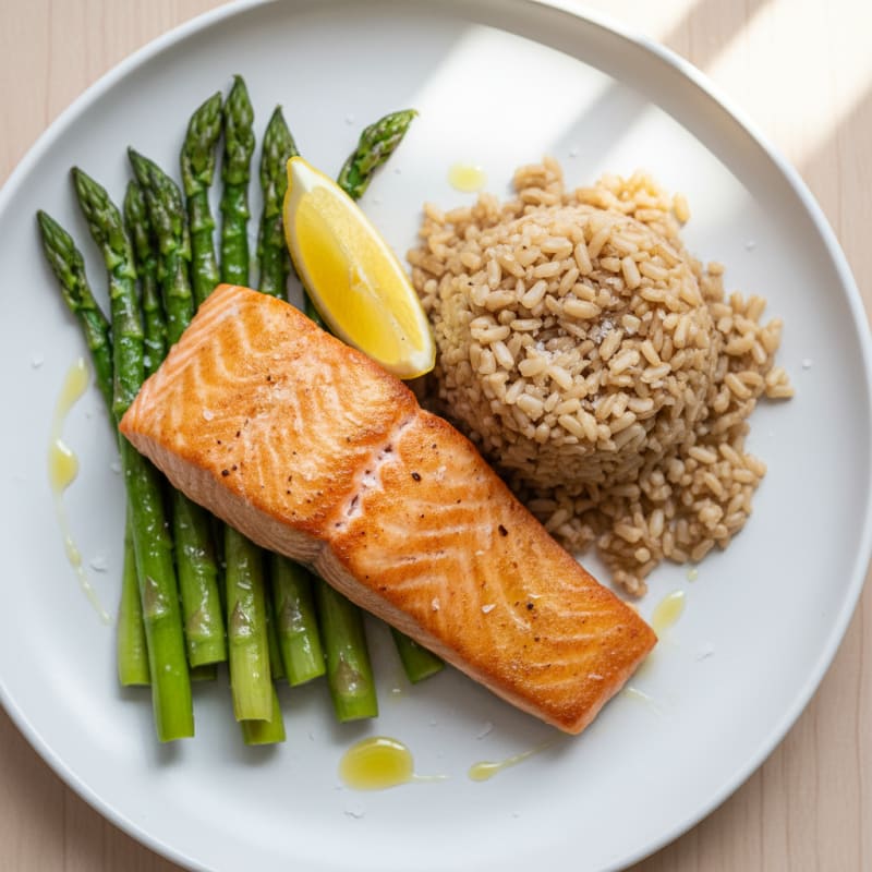 Seared Salmon with Steamed Asparagus and Brown Rice