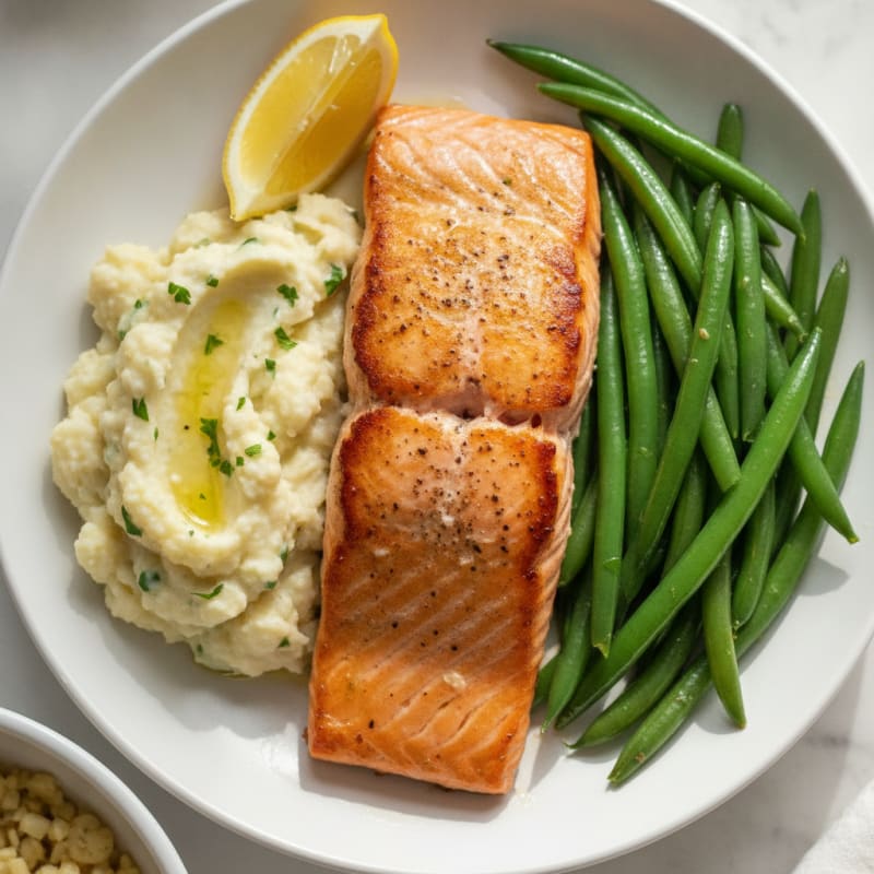 Seared Salmon with Steamed Green Beans and Garlic Mashed Cauliflower