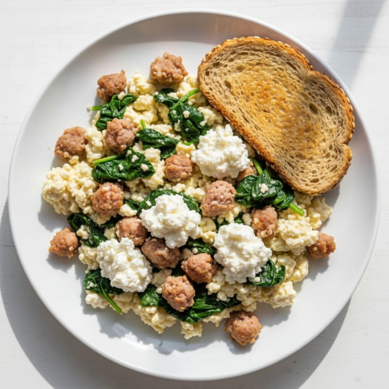 Egg White and Turkey Sausage Scramble with Cottage Cheese and Sautéed Spinach