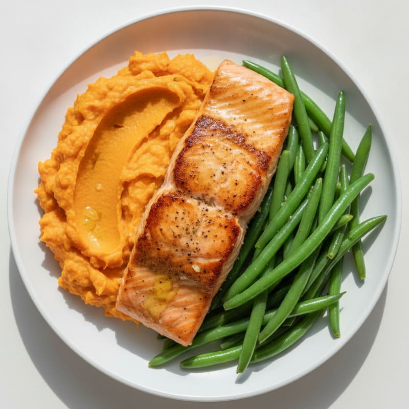 Seared Salmon with Steamed Green Beans and Sweet Potato Mash