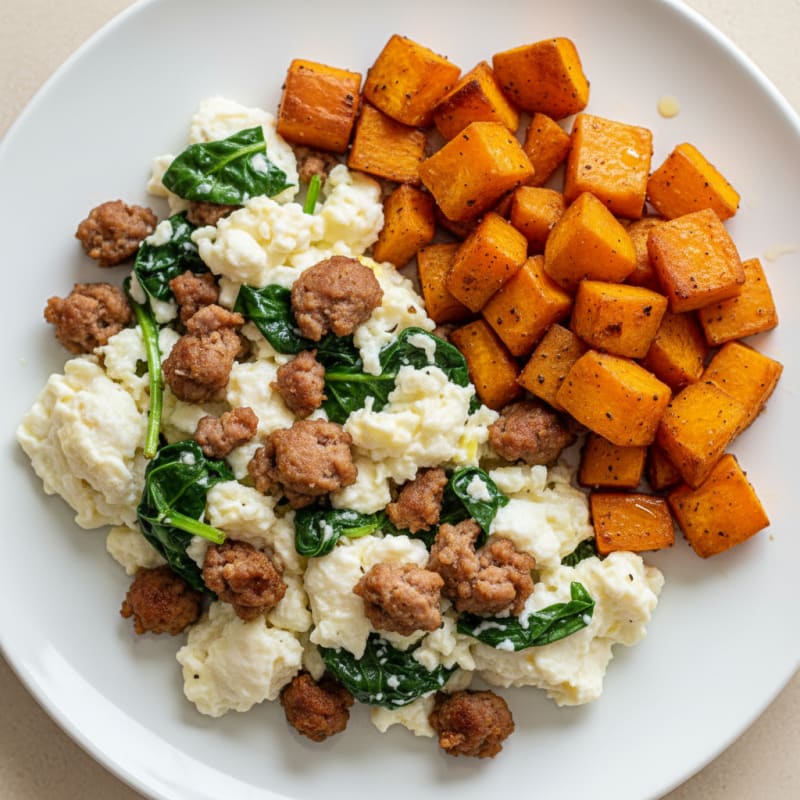 Scrambled Egg Whites with Turkey Sausage and Roasted Sweet Potatoes
