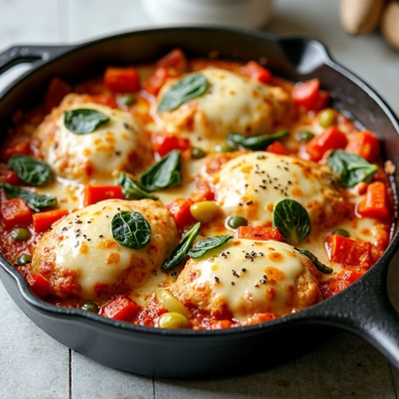 Baked Cheesy Chicken & Veggie Pizza Skillet