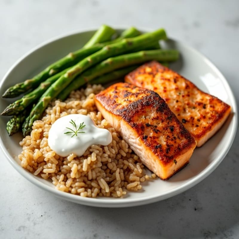 Seared Salmon Fillet with Steamed Asparagus and Brown Rice