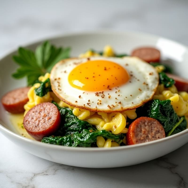 Egg White Scramble with Turkey Sausage and Sautéed Spinach