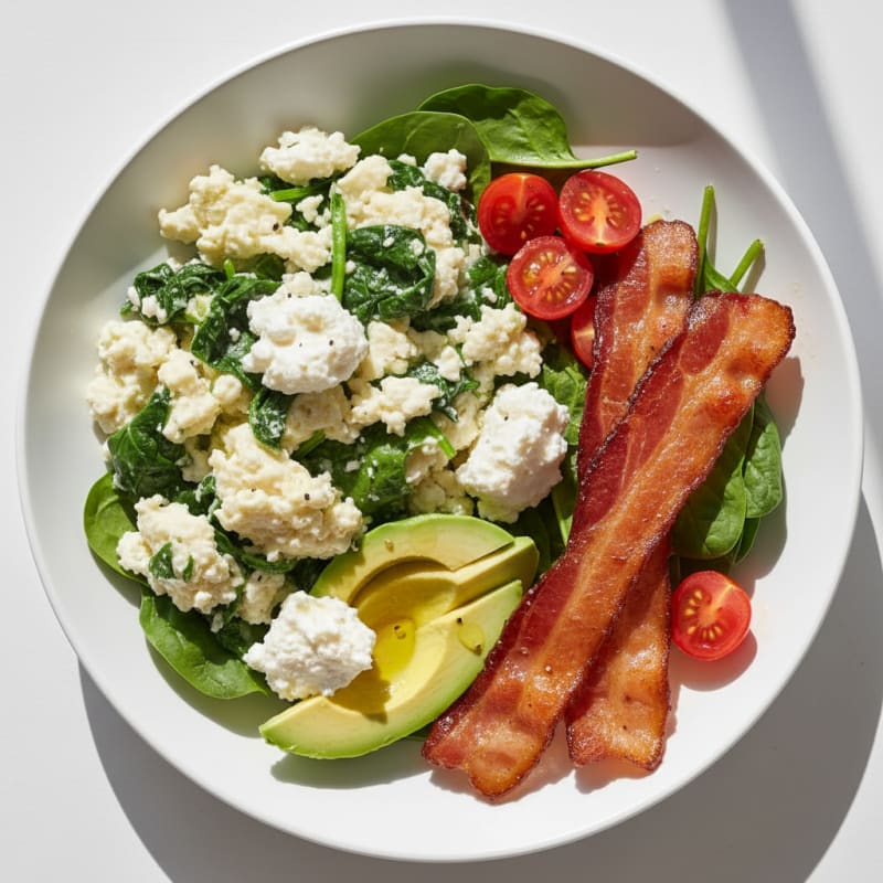 Egg White Spinach Scramble with Cottage Cheese and Turkey Bacon