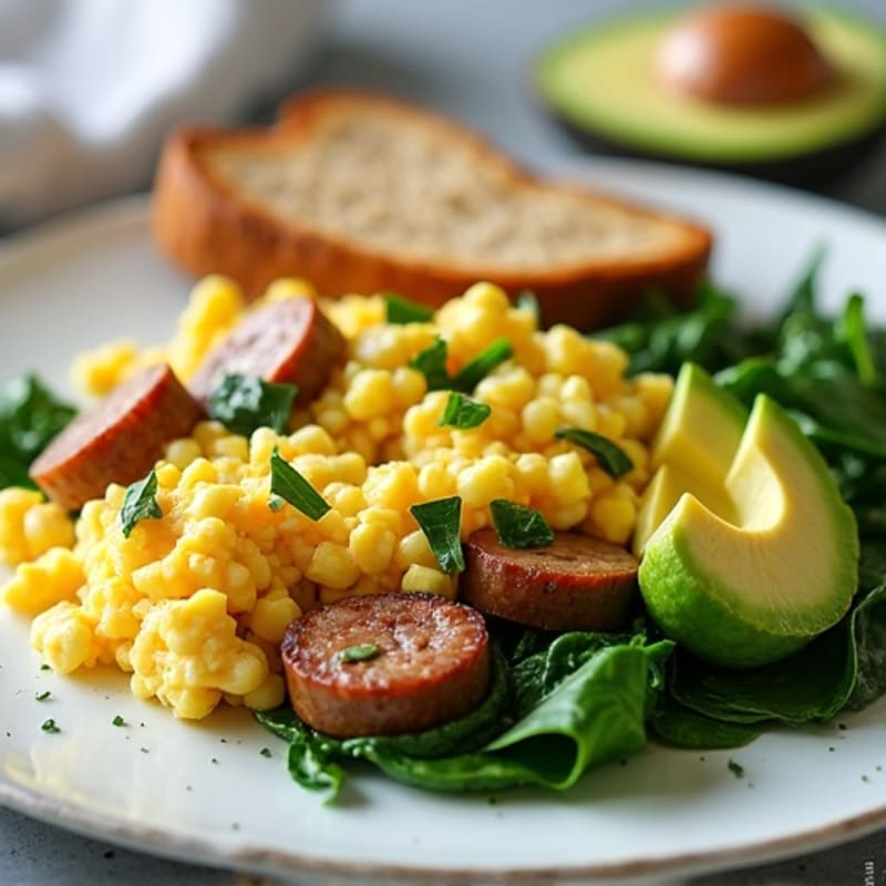 Egg White and Turkey Sausage Scramble with Sautéed Spinach
