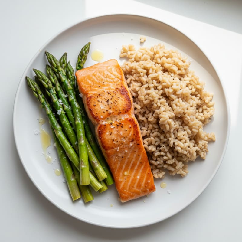 Seared Salmon Fillet with Steamed Asparagus and Brown Rice