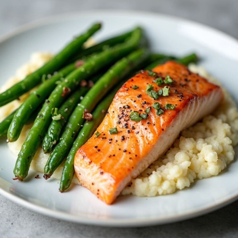 Seared Salmon with Garlic Green Beans and Cauliflower Mash