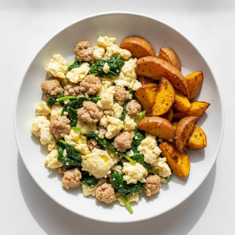 Egg White and Turkey Sausage Scramble with Spinach and Roasted Sweet Potatoes