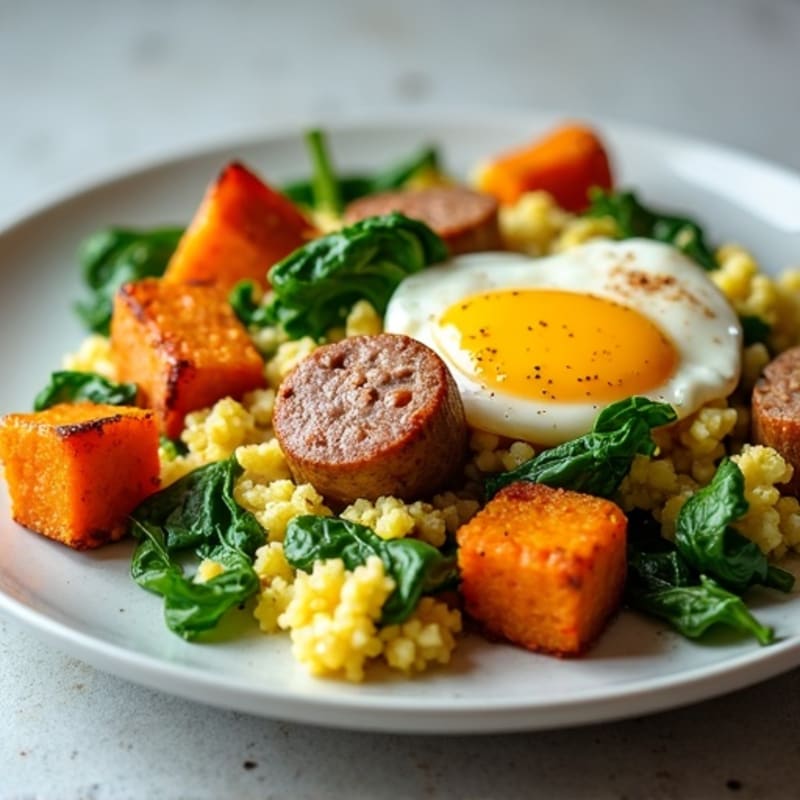Egg White and Turkey Sausage Scramble with Spinach and Roasted Sweet Potato