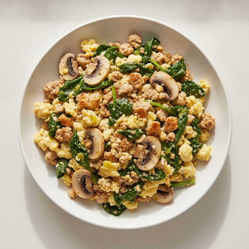 Egg White and Turkey Spinach Scramble with Sautéed Mushrooms
