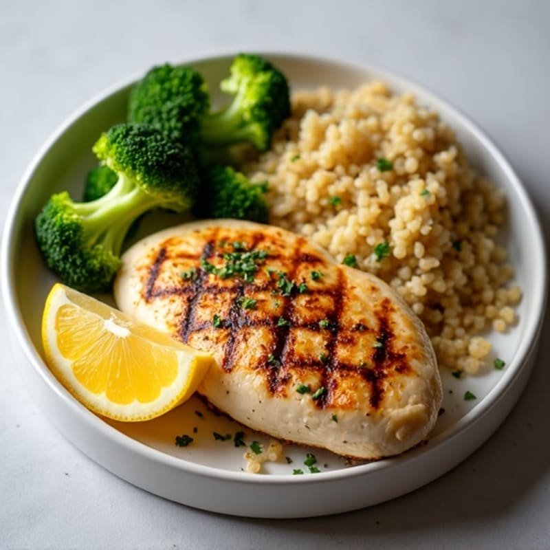 Grilled Lemon Garlic Chicken Breast with Steamed Broccoli and Quinoa
